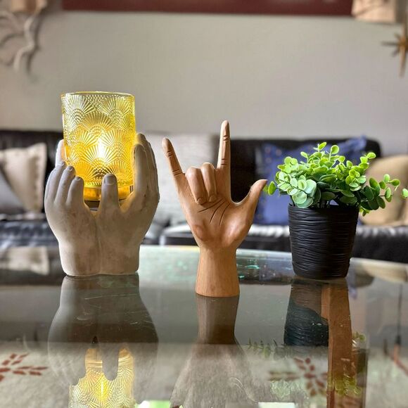 Carved Wooden Sign Language I Love You Hand Gesture Statue 7.75 Inches High - Picture 5 of 9